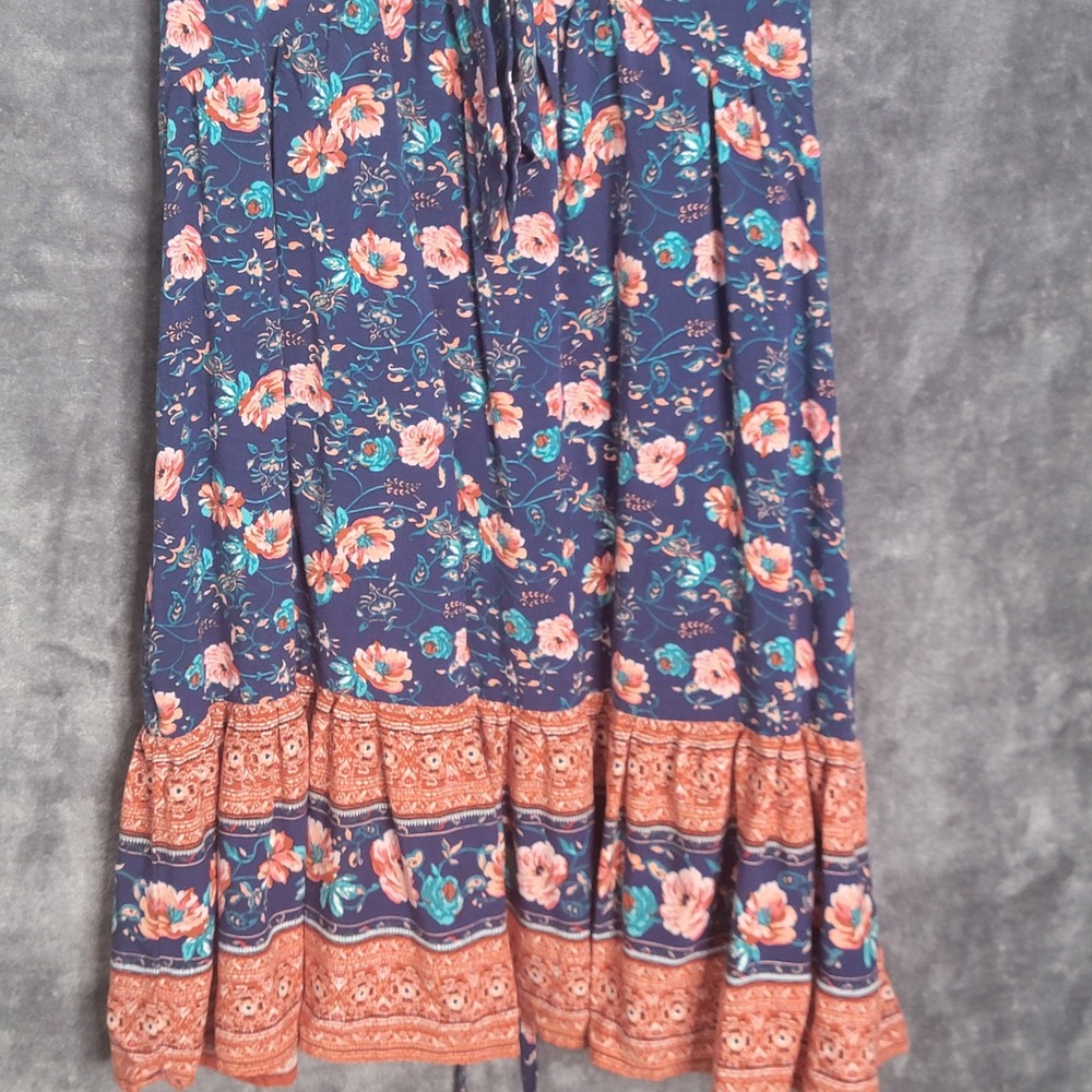Band of Gypsies Mini Dress Small Navy Blue Floral Tie Front Boho Ruffle Cowgirl - Picture 3 of 10